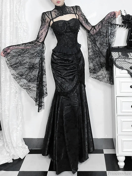 Lace Splicing Asymmetric Skirt Black / XS