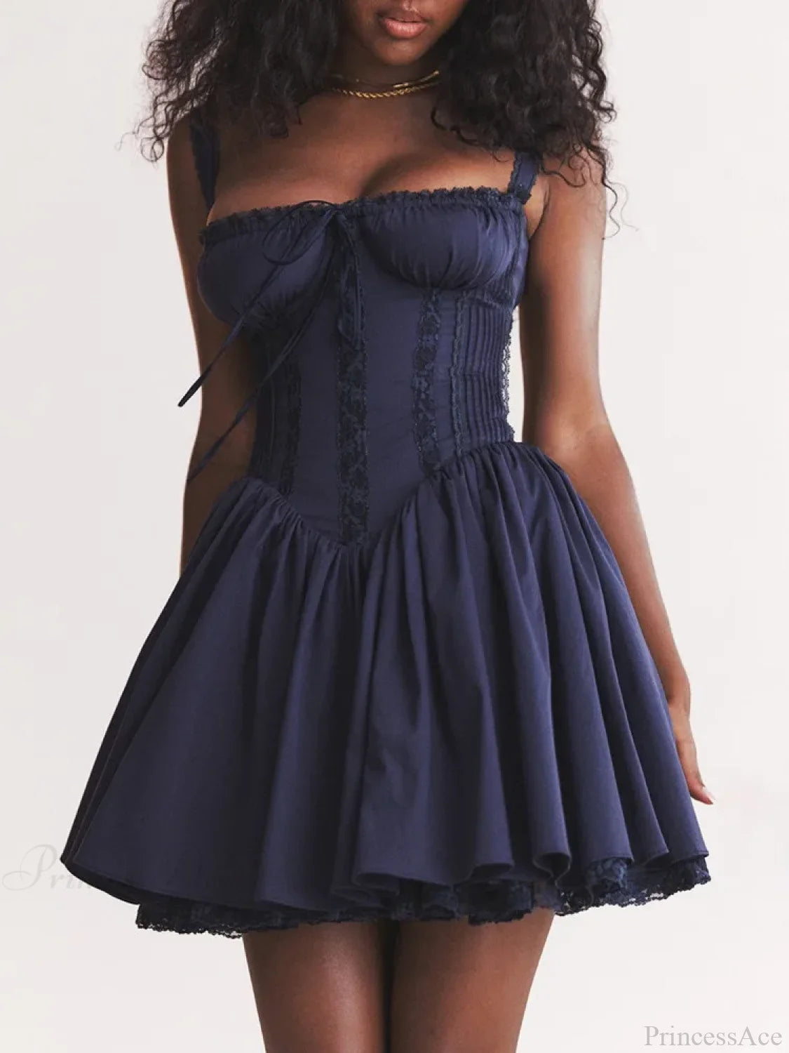 Lace Splicing Strap Mini Dress Navy Blue / S minidress-250223