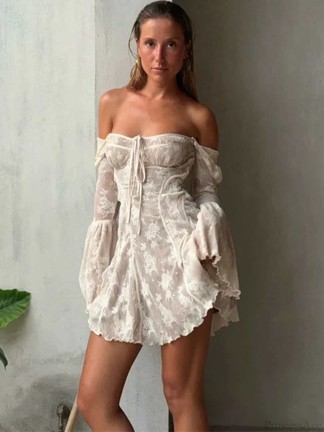 Lace Square Collar See-Through Mini Dress minidress-250223