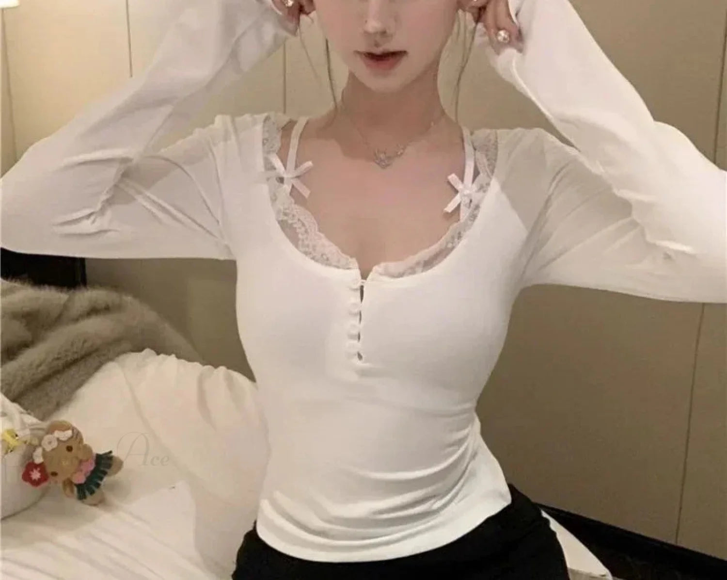 Lace Stitching V-neck Skinny Pink Coquette Aesthetic Top Women knittop-250126