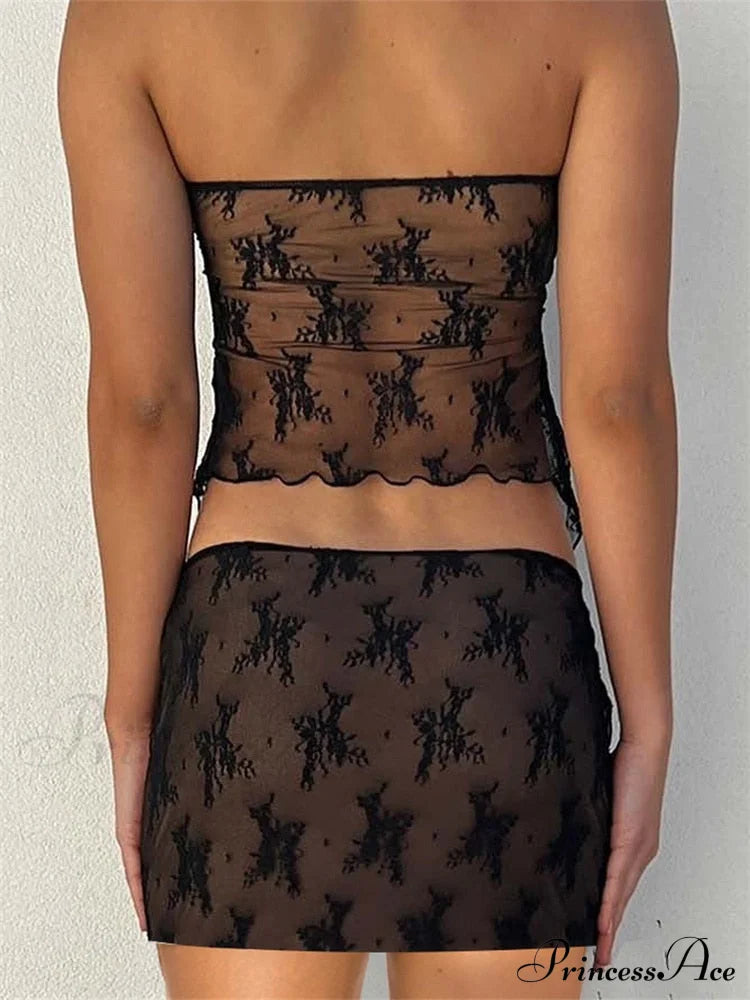 Lace Strapless Tie-Up Top Graceful And Mini Skirt Set