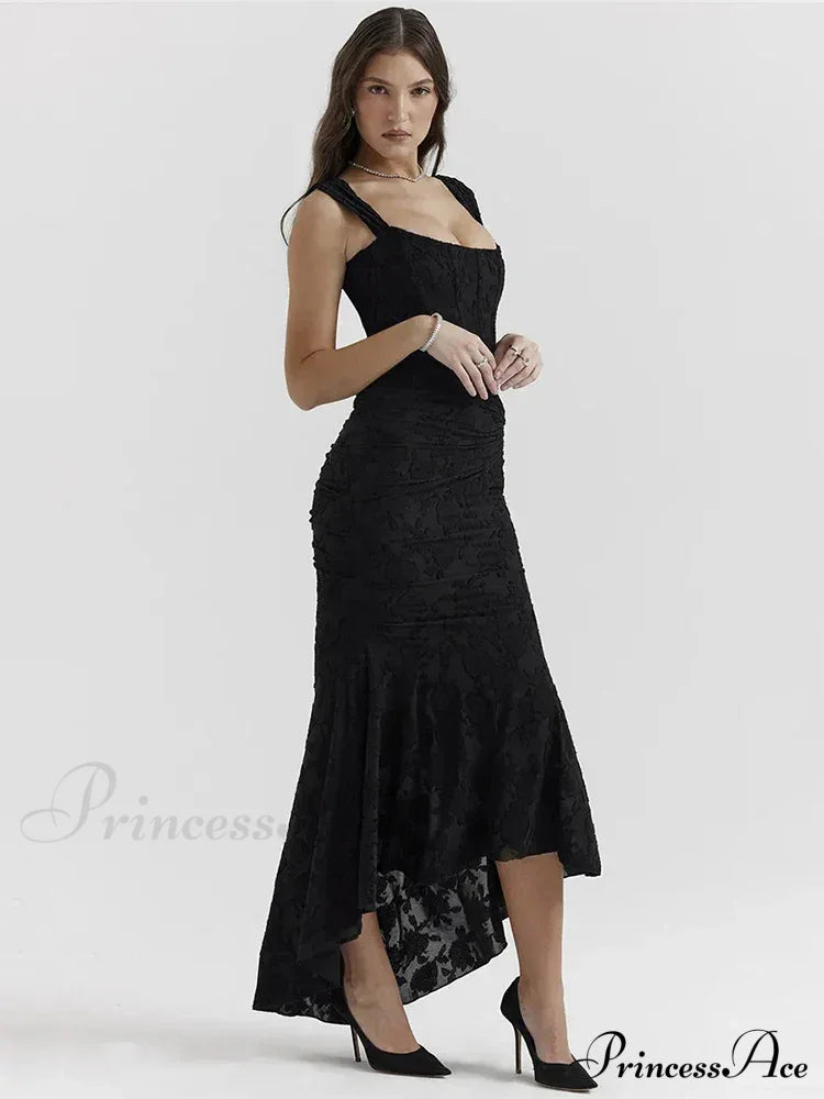 Lace Textured Strap Charming Wrap Midi Dress Pleated Maxi