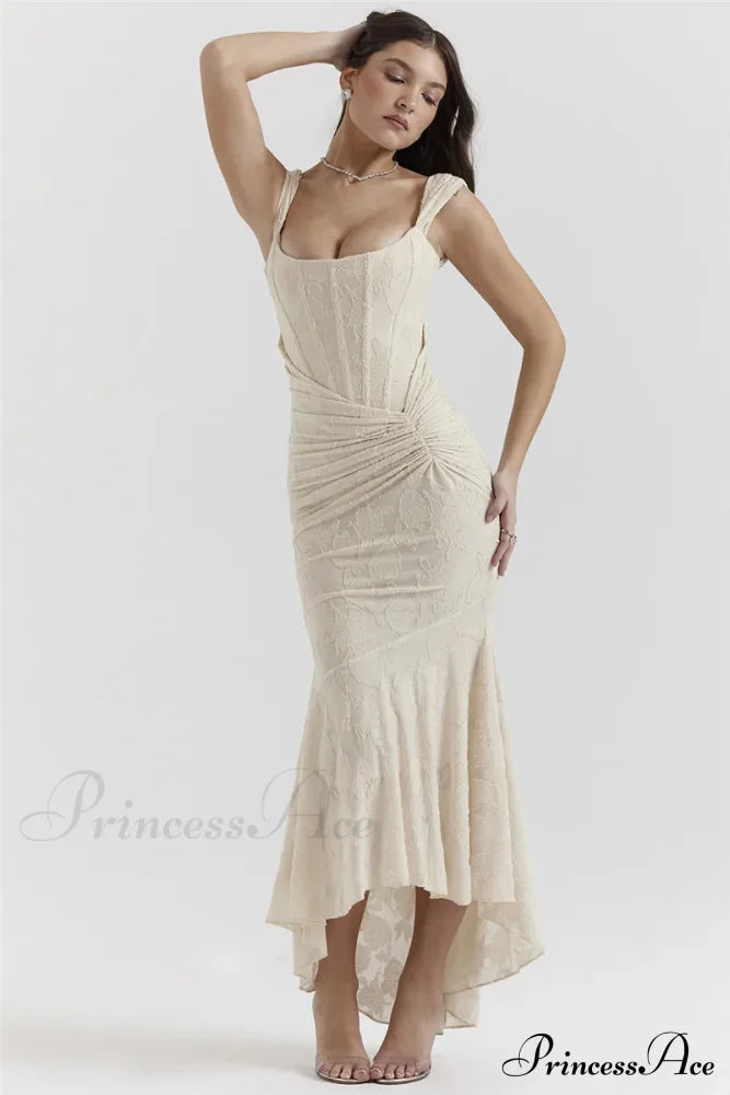 Lace Textured Strap Charming Wrap Midi Dress Pleated Maxi
