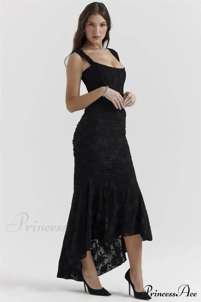 Lace Textured Strap Charming Wrap Midi Dress Pleated Maxi