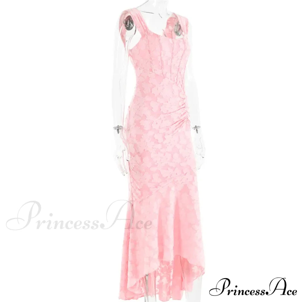 Lace Textured Strap Charming Wrap Midi Dress Pleated Maxi
