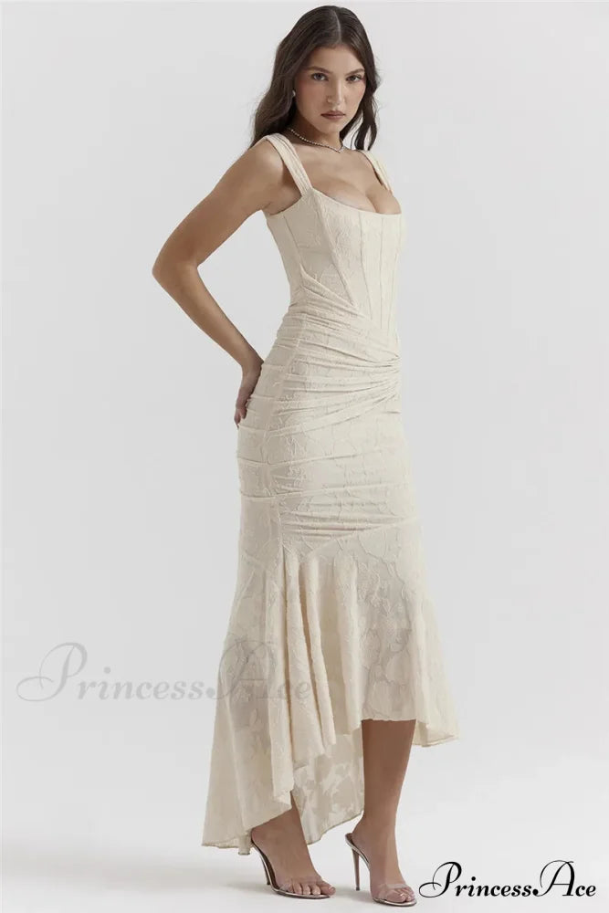 Lace Textured Strap Charming Wrap Midi Dress Pleated Maxi