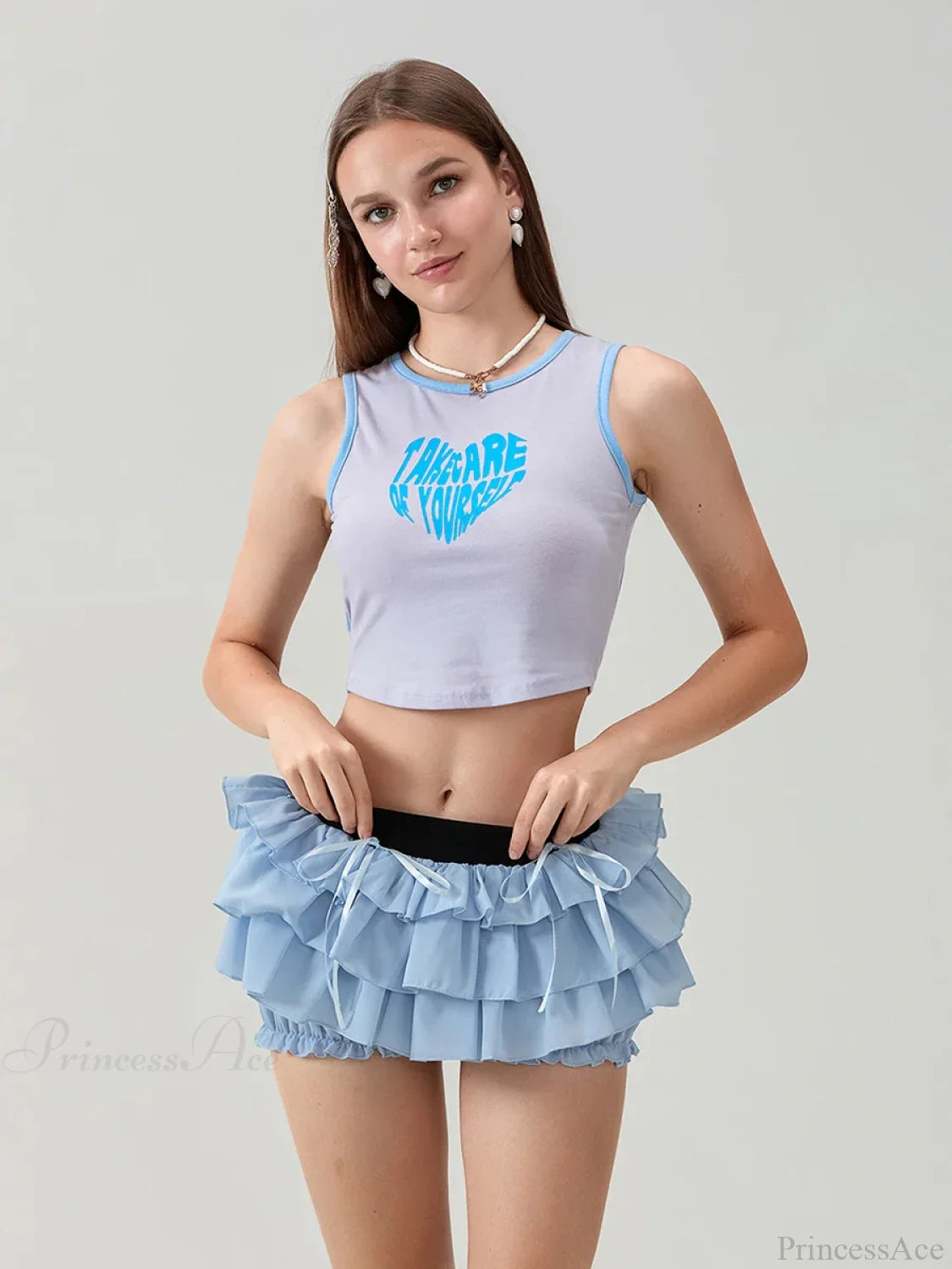 Lace Tiered Bow Skort Short Blue / S short-250223