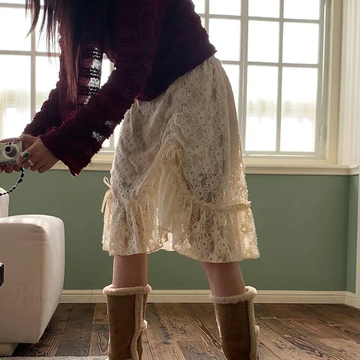 Lace Transparent Vintage Drawstring Bandage Skirt skirt-250126