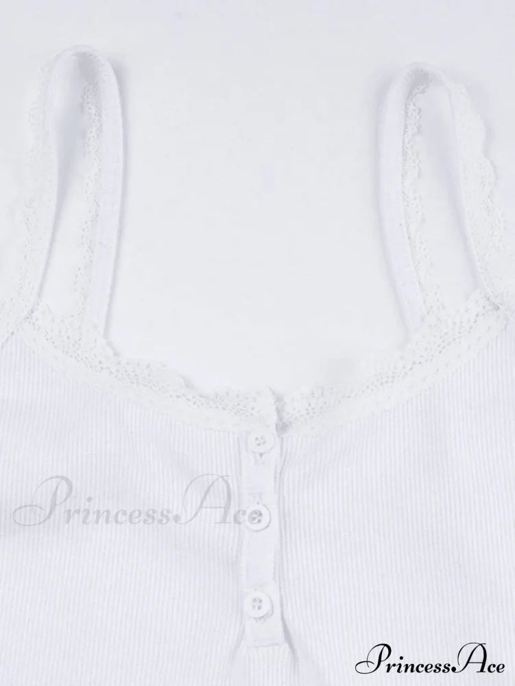 Lace Trim Button Trendy Up Cami Top Tops&Tees
