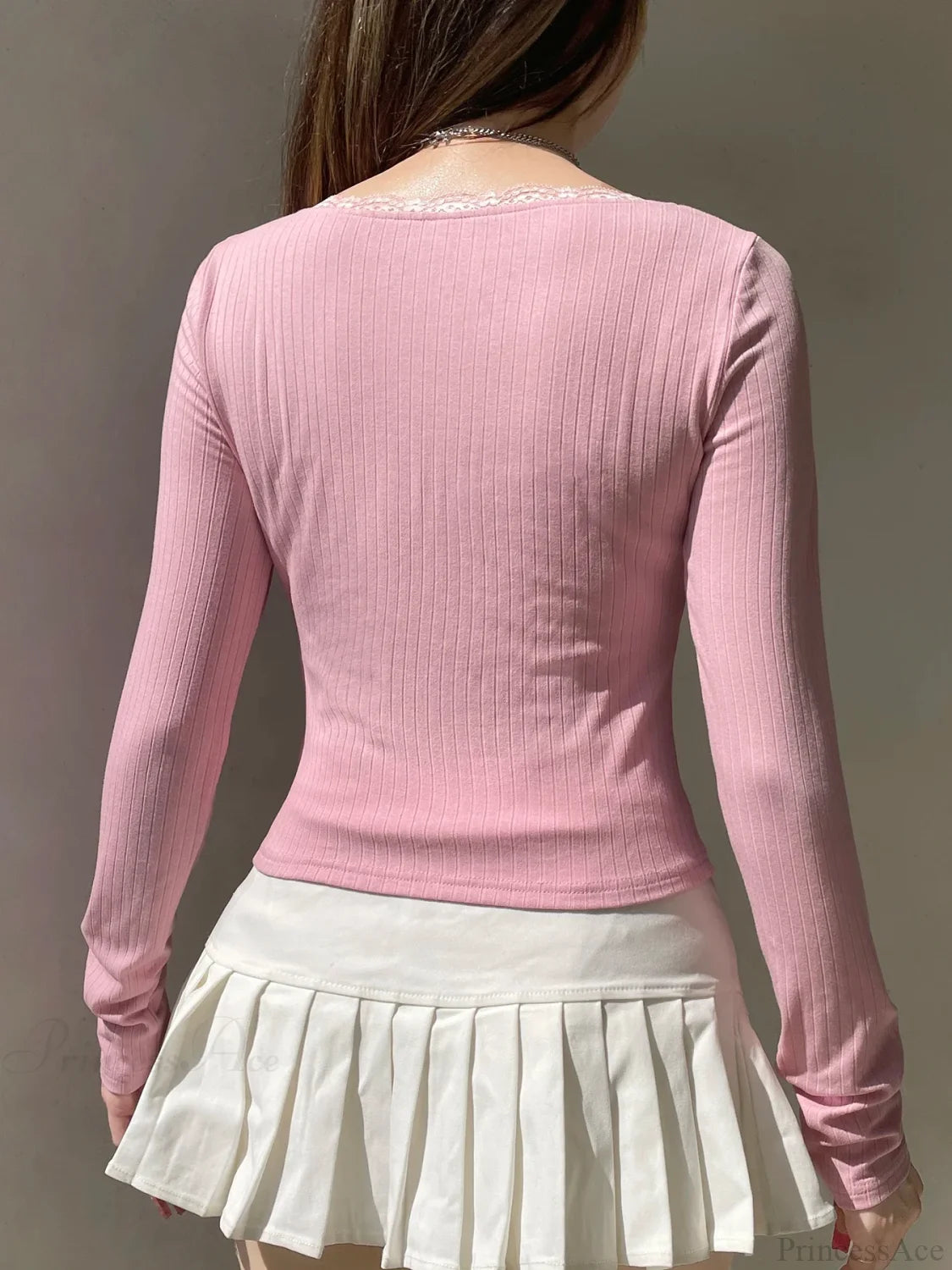 Lace Trim Cropped Slim Square Collar Long Sleeve Knit Top knittop-250126