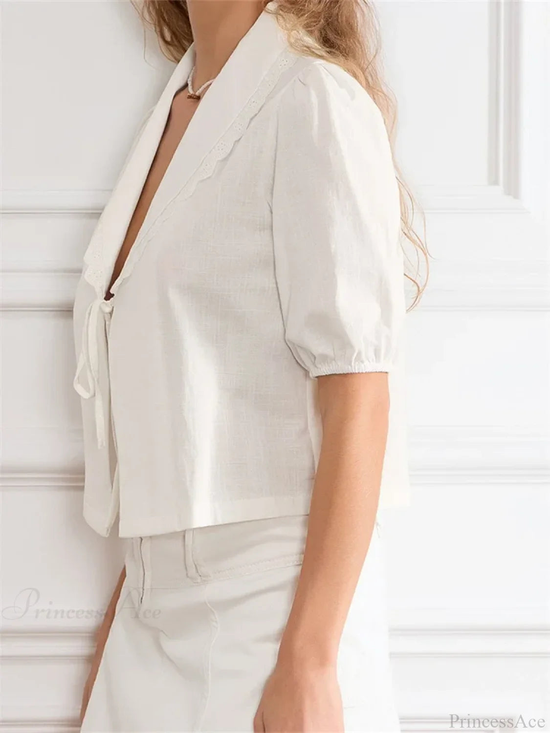 Lace Trim Front Tie-Up V-neck Blouse blouse-250223