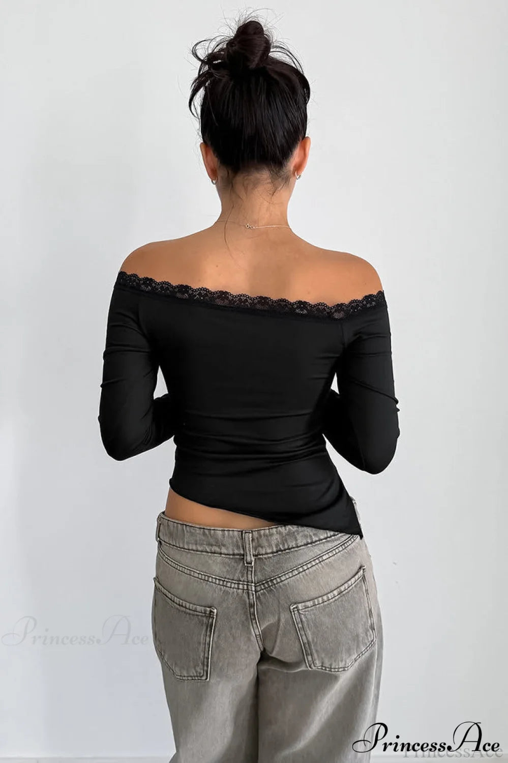 Lace Trimmed Off Shoulder Slim Long Sleeve Tee