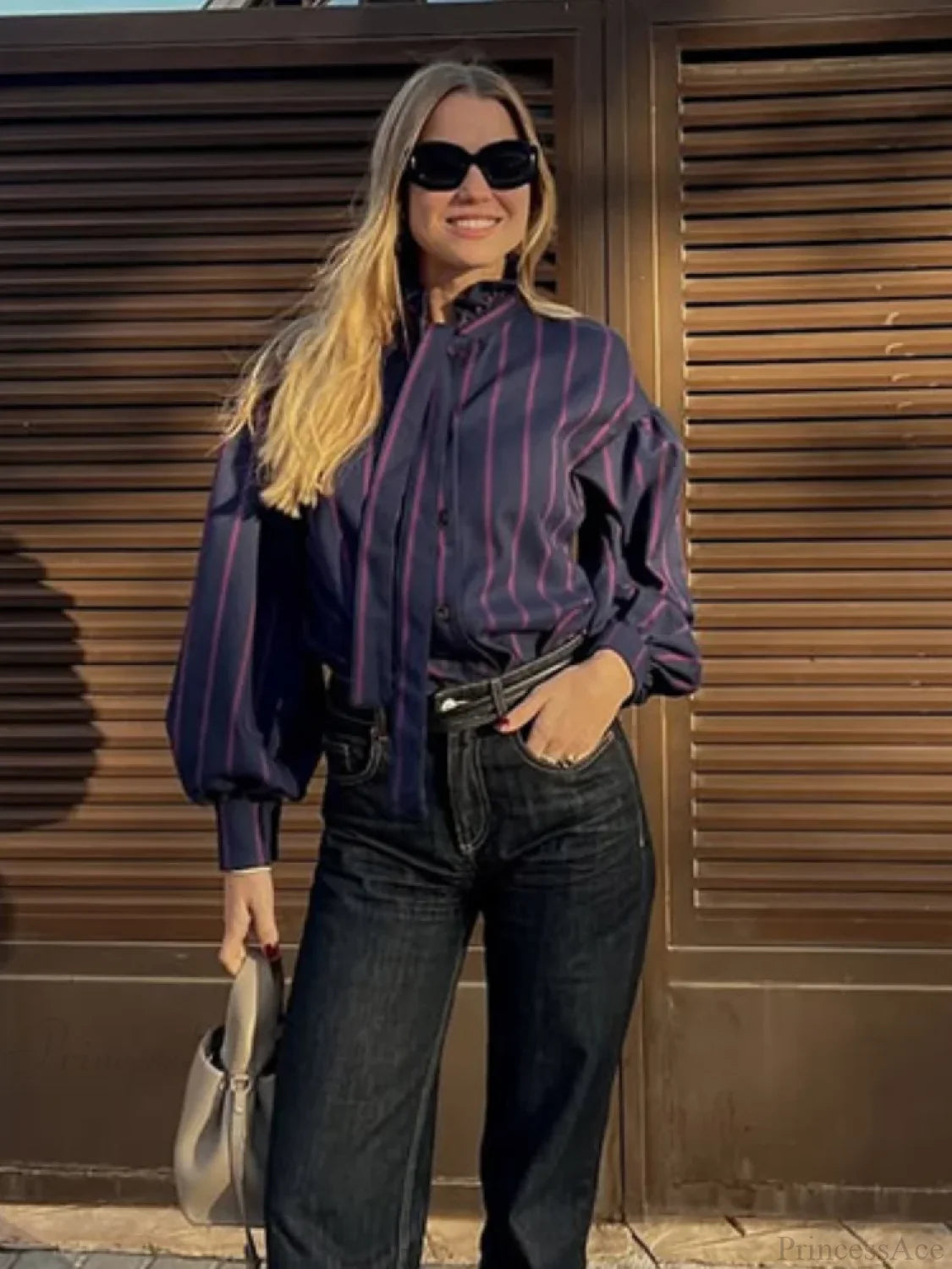 Lace Up Collision Striped Round Neck Blouse blouse-250223