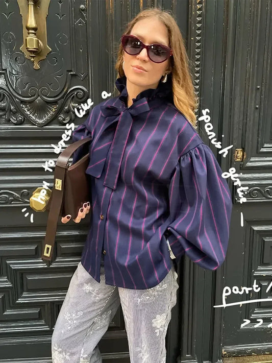 Lace Up Collision Striped Round Neck Blouse Dark blue / S blouse-250223