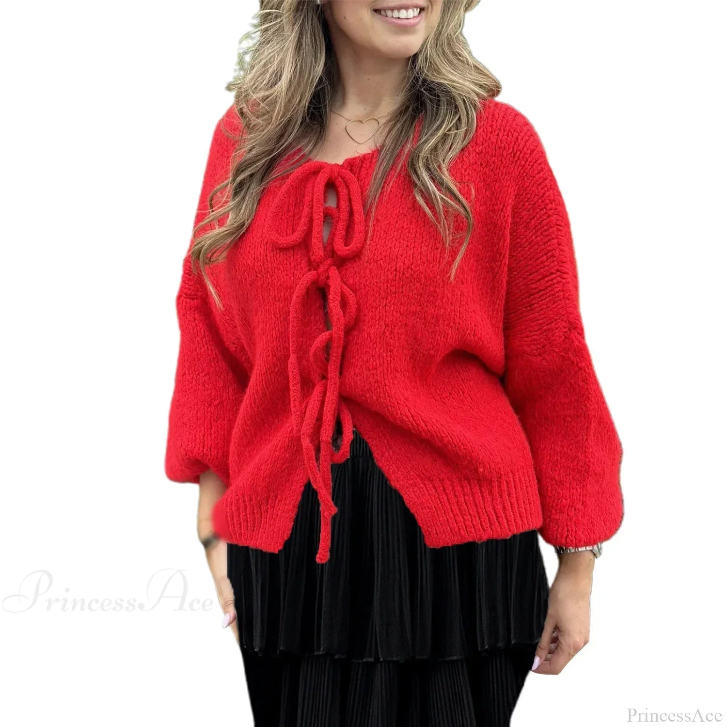 Lace-Up Hollow Out Patchwork Cardigan red / S