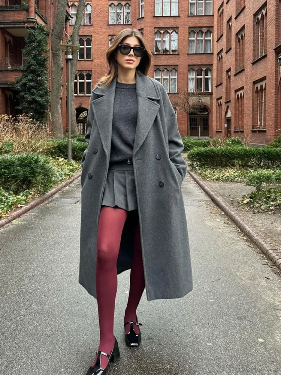 Lace-Up Mao Collar Big Lapel Overcoat Gray / XS