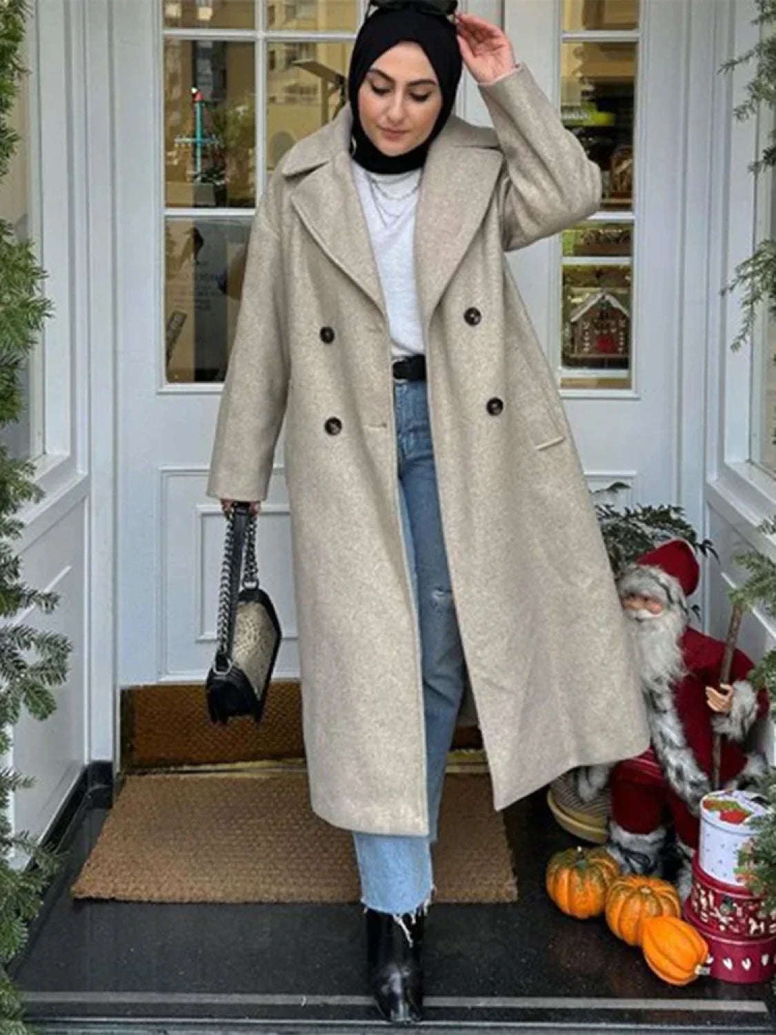 Lace-Up Mao Collar Big Lapel Overcoat Khaki / XS