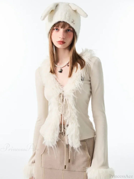 Lace Up Plush V-neck Cardigan White TOPS / S