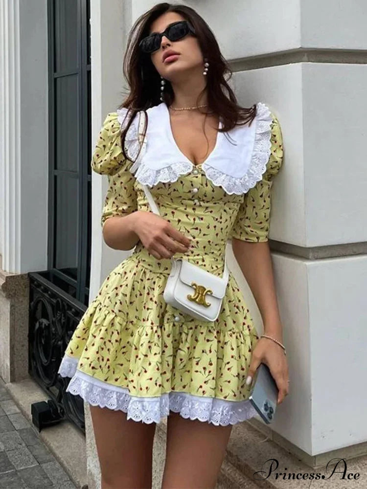 Lace-Up Slim Luxury Lace Turn Collar Short Sleeve Folds Es Femme Party Retro Lady Floral Dress