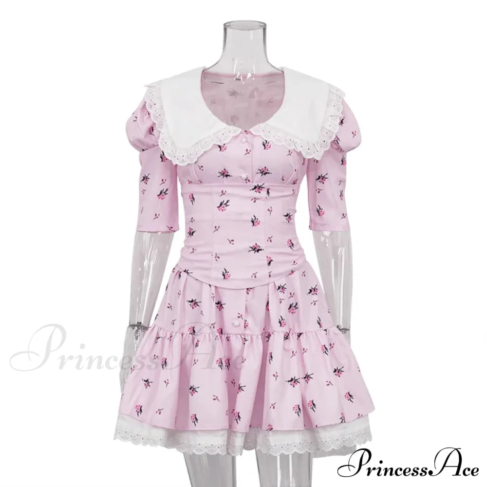 Lace-Up Slim Luxury Lace Turn Collar Short Sleeve Folds Es Femme Party Retro Lady Floral Dress Pink