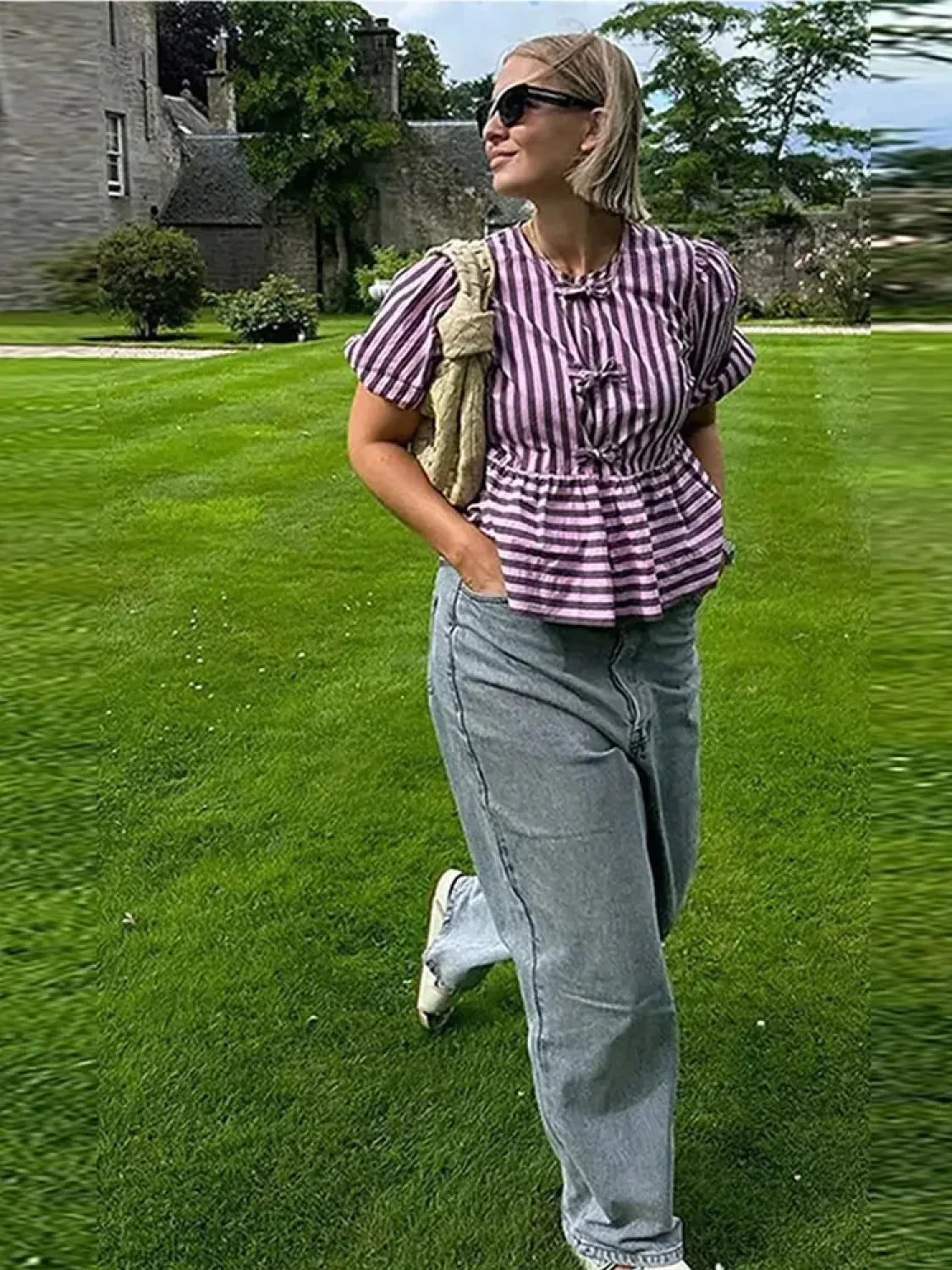 Lace Up Striped O-neck Loose Short Sleeve Blouse blouse-250126