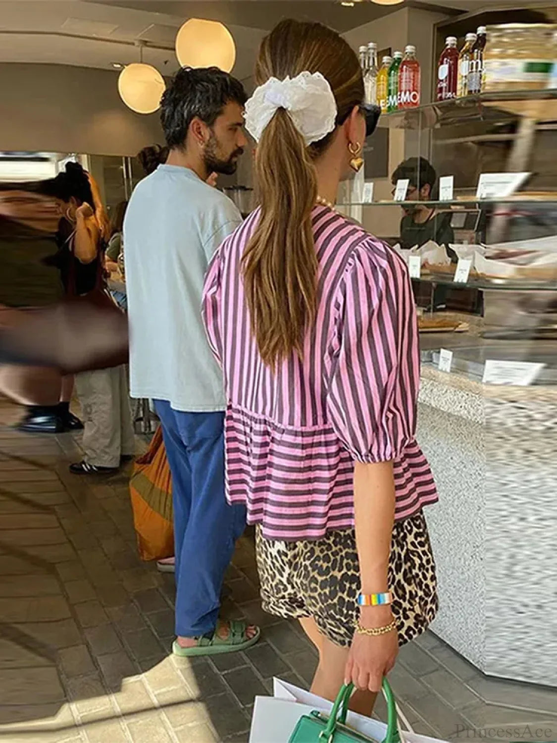 Lace Up Striped O-neck Loose Short Sleeve Blouse blouse-250126