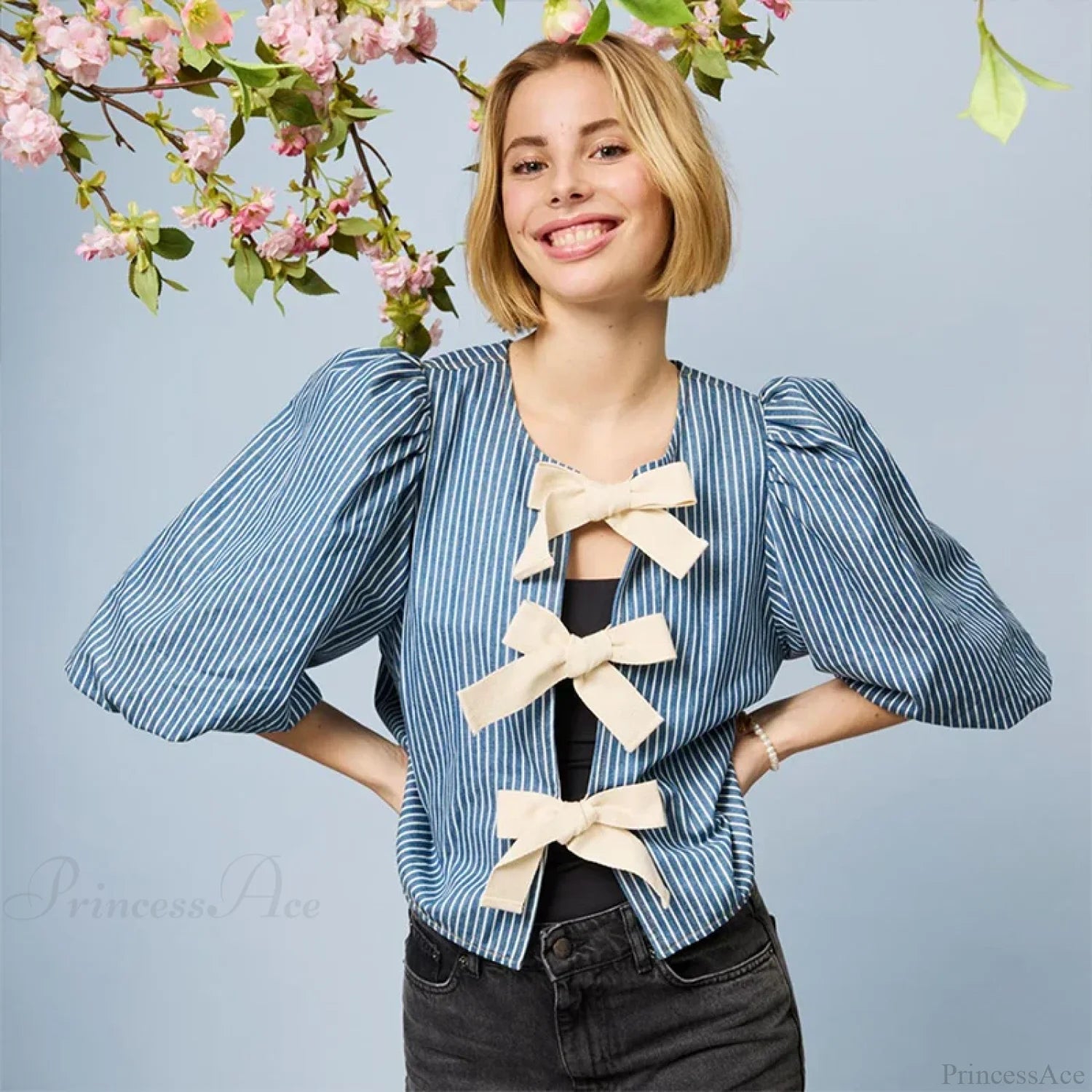 Lace Up Striped O-neck Loose Short Sleeve Blouse Blue / S blouse-250126