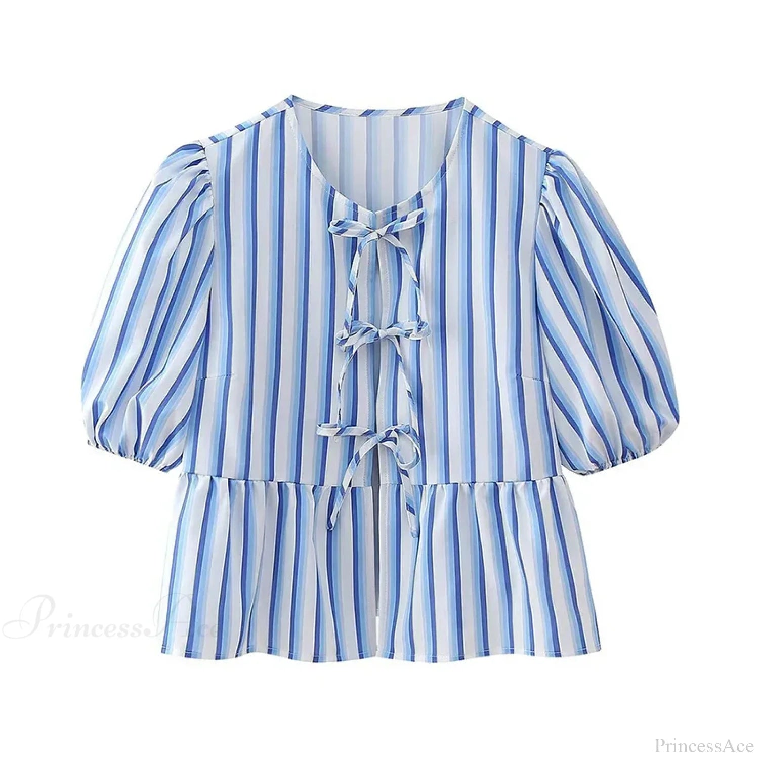 Lace Up Striped O-neck Loose Short Sleeve Blouse blue1 / S blouse-250126