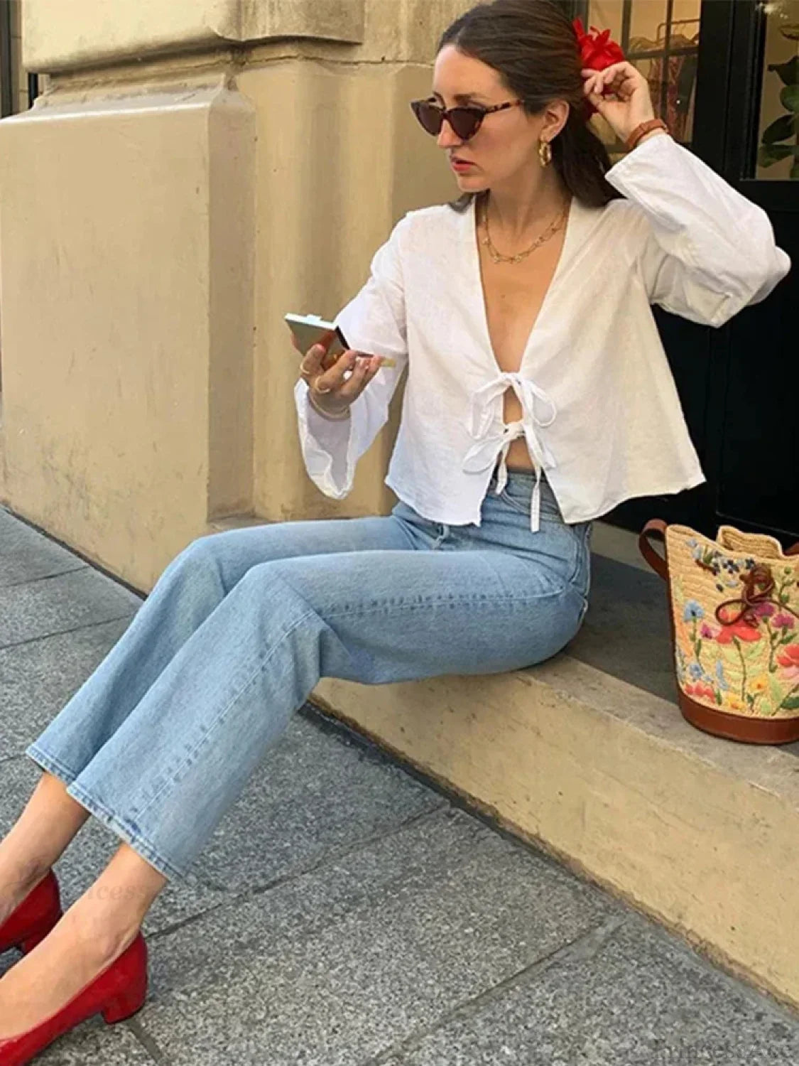 Lace-Up V-neck Loose Casual Long Sleeve Blouse blouse-250126