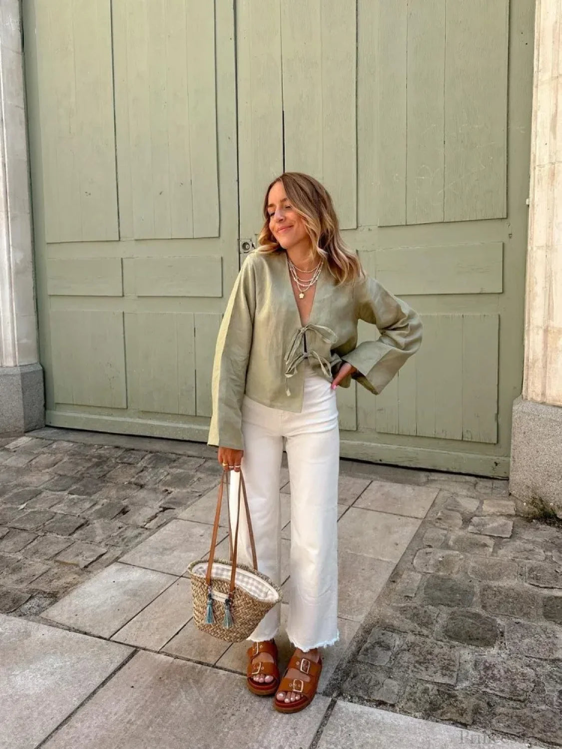 Lace-Up V-neck Loose Casual Long Sleeve Blouse blouse-250126