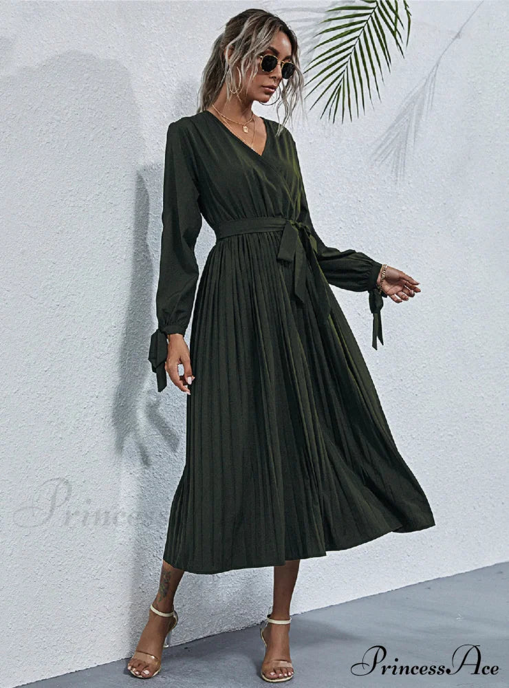Lace-Up Waist Dress S / Army Green Lace