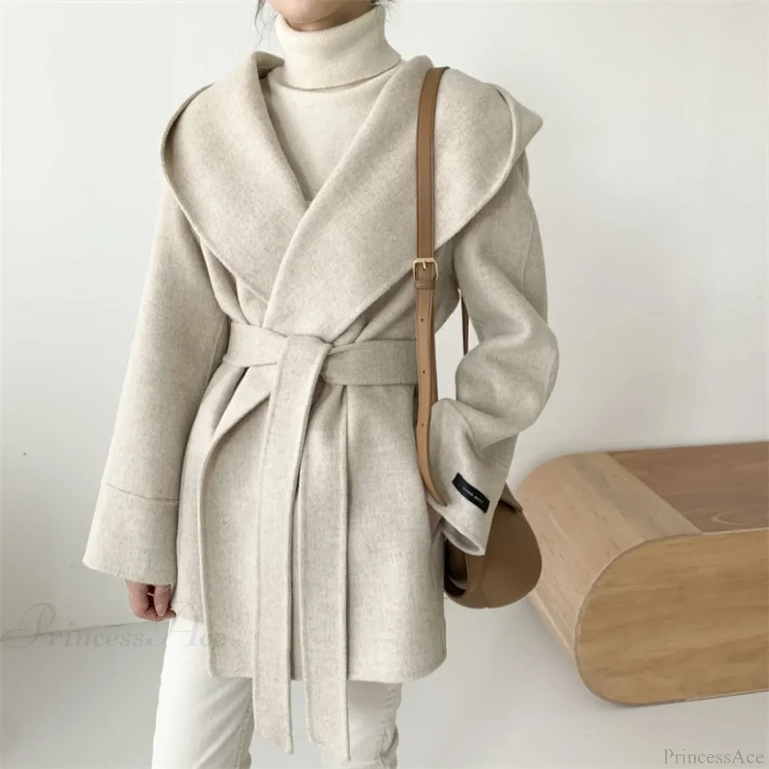 Lace-Up Woolen Hooded Jacket Overcoat Oatmeal / One Size