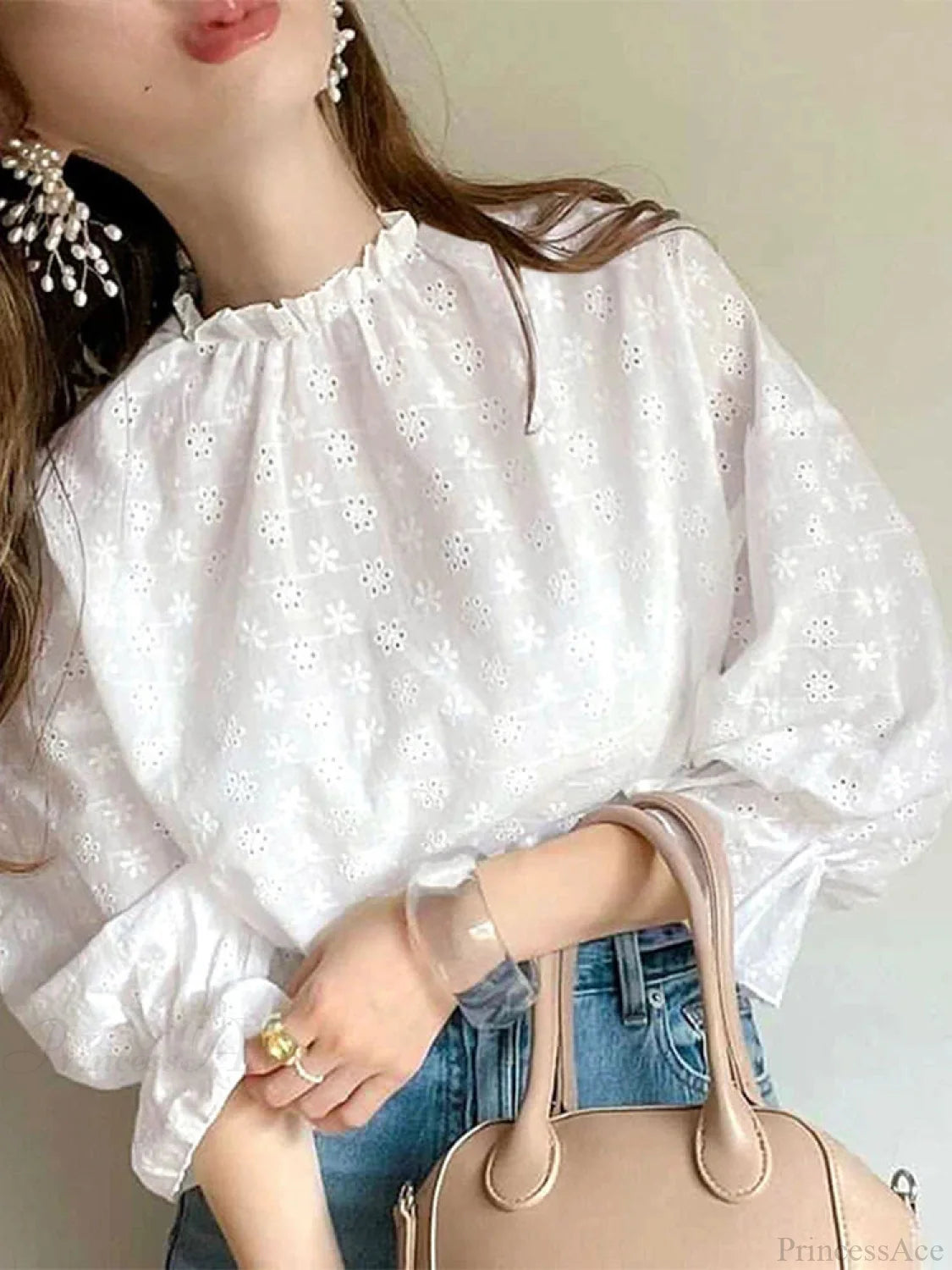 Lacing Pleating Lantern Sleeve Blouse Vintage Blouse WHITE / S blouse-250126