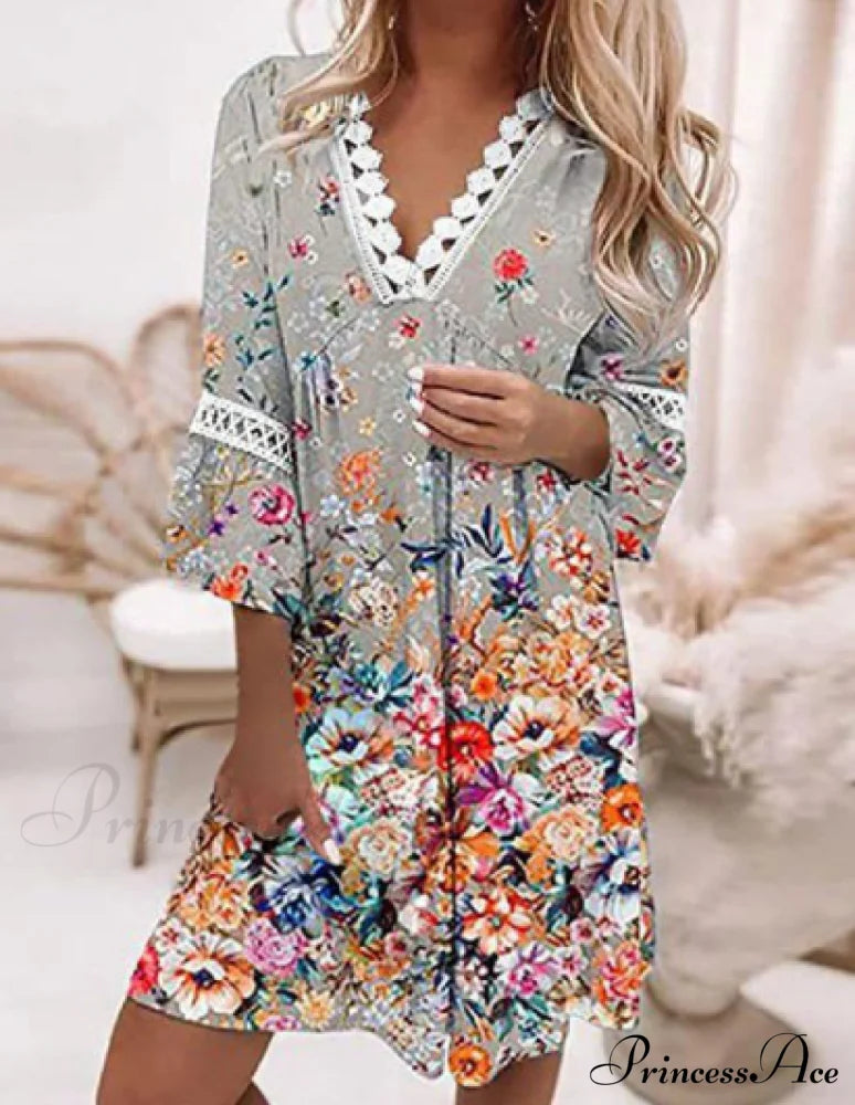 Ladies Warm-Season Sundress Loose Lace V-Neck Dress S / Blue Dresses