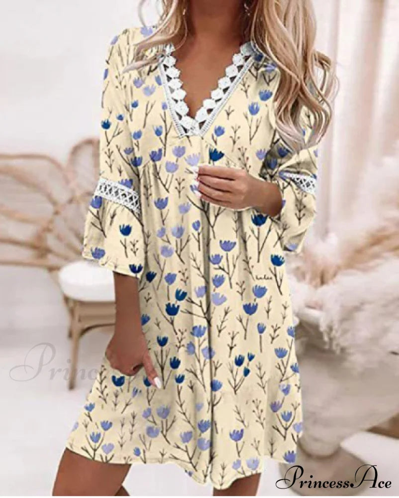 Ladies Warm-Season Sundress Loose Lace V-Neck Dress S / Gray Dresses