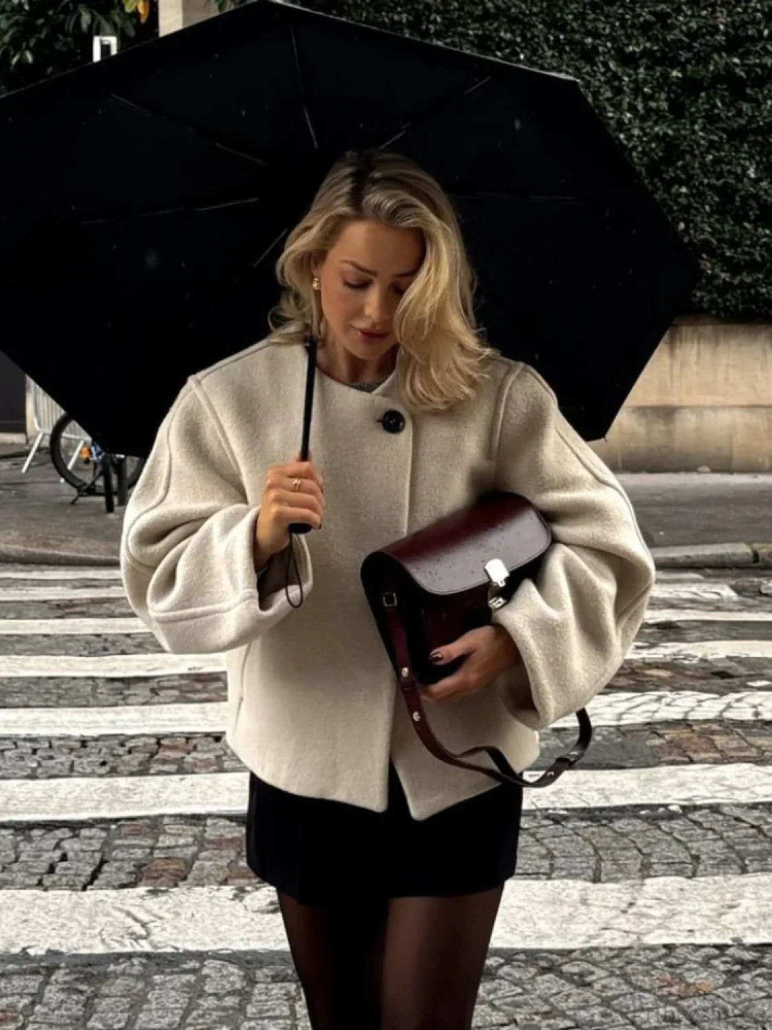 Lamb Wool Lapel Full Sleeve Overcoat White / S