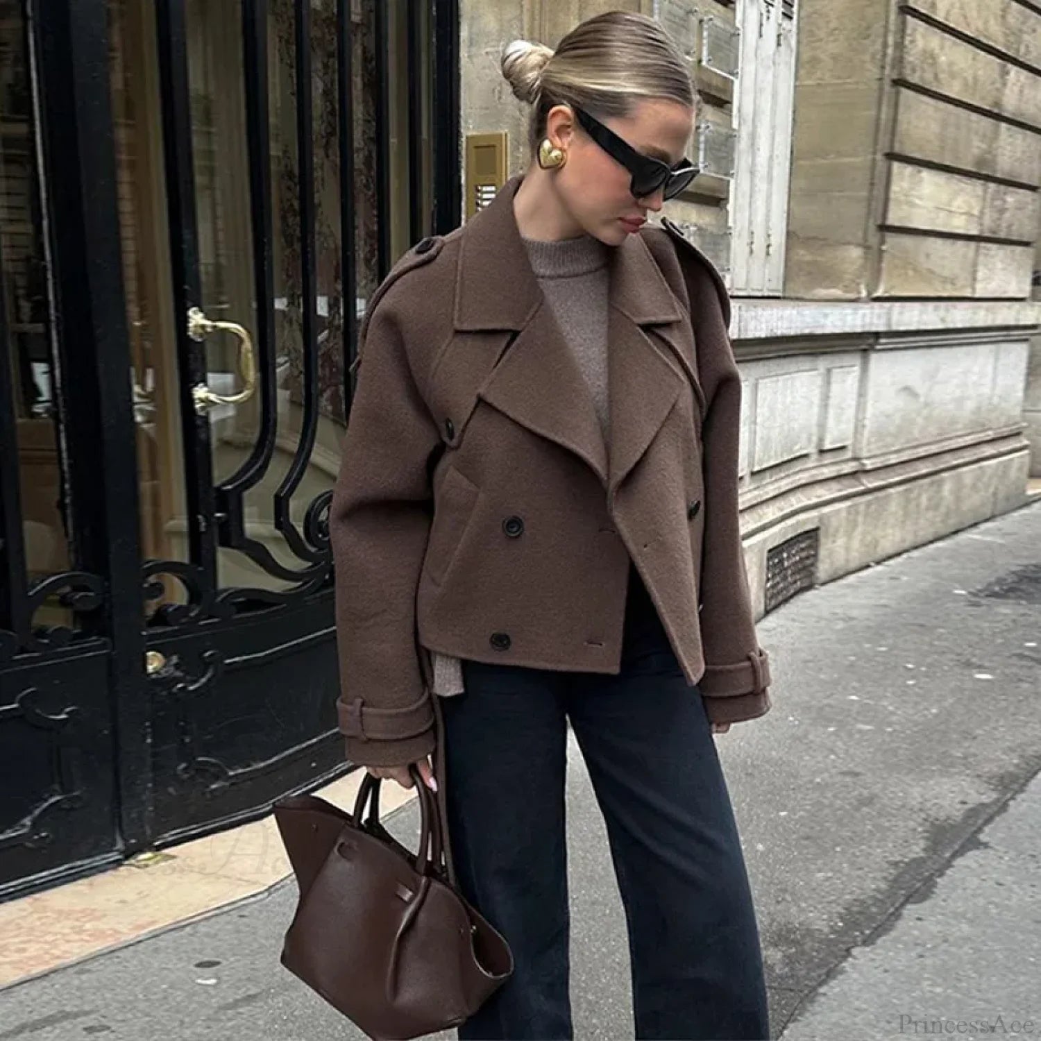 Lamb Wool Patchwork Leather Belted Overcoat Brown short coat / S