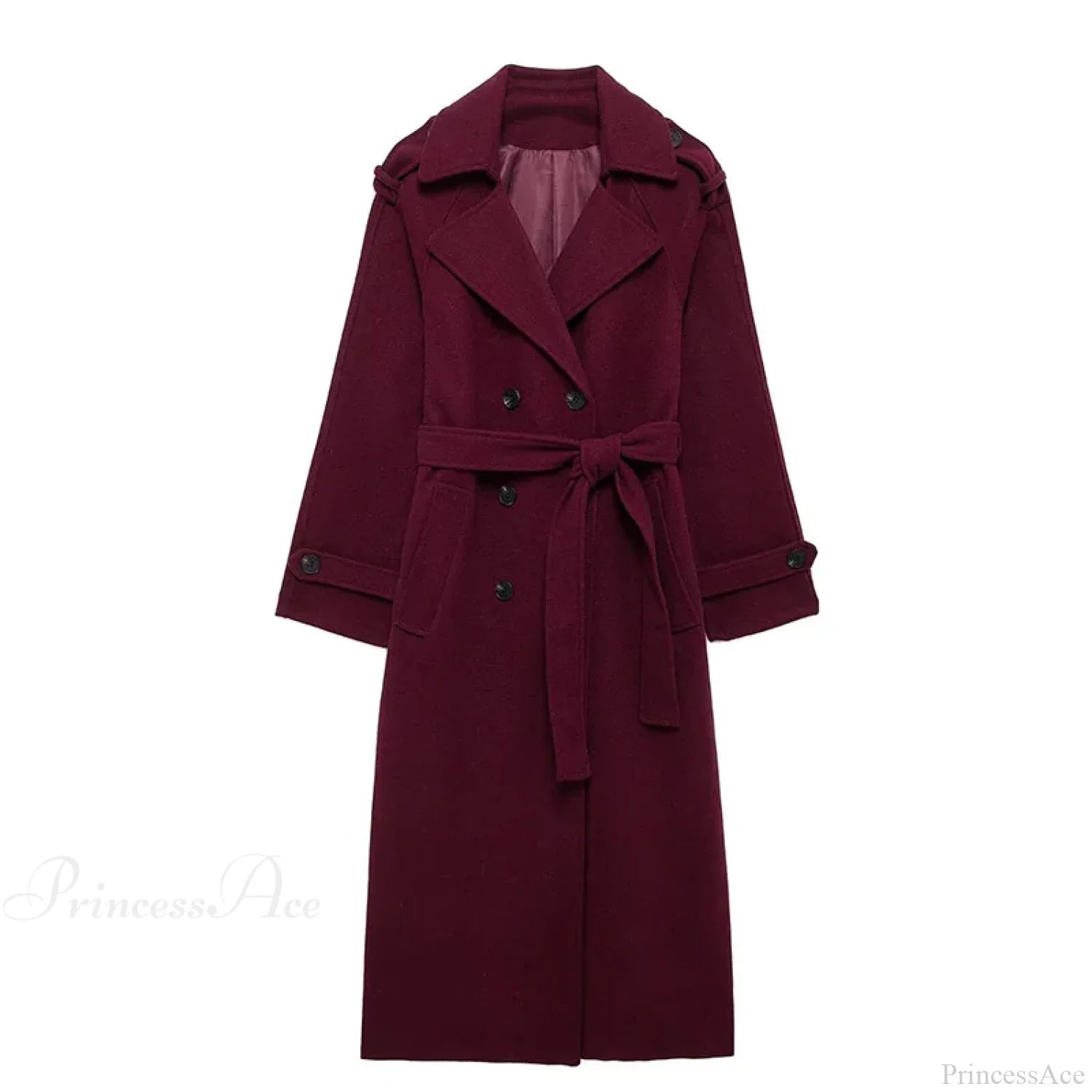 Lamb Wool Patchwork Leather Belted Overcoat Burgundy with Belt / S