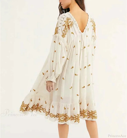 Lantern Long Sleeve Cotton Rayon Embroidery Dress bohodress-250126