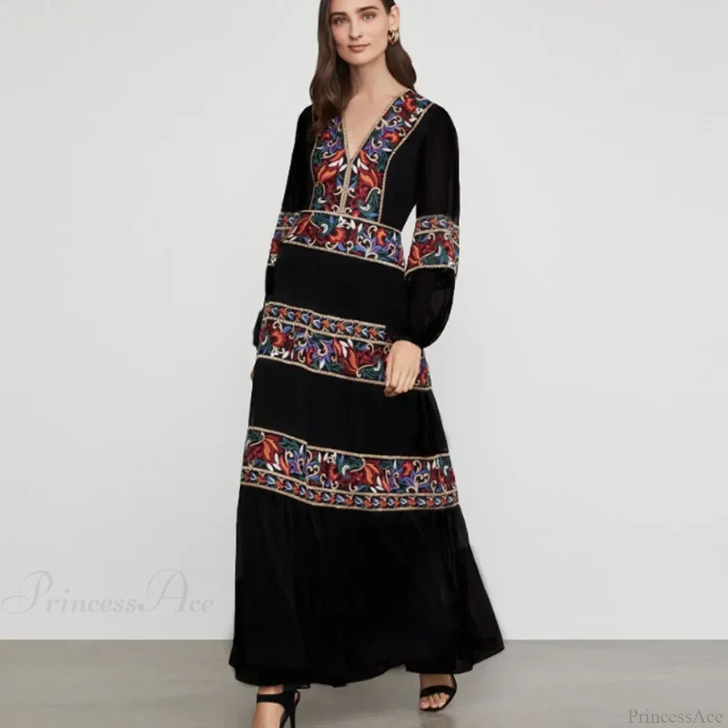 Lantern Long Sleeve V-neck Maxi Dress Black / S bohodress-250126