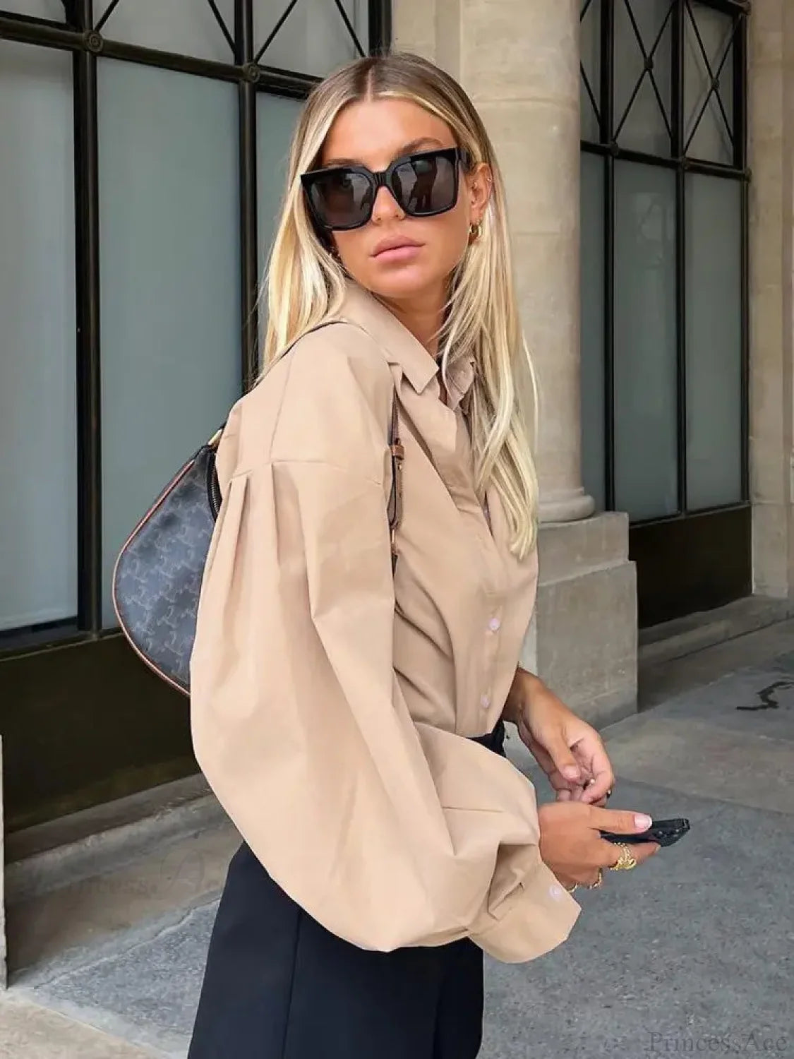 Lantern Sleeve Button Collar Blouse blouse-250223