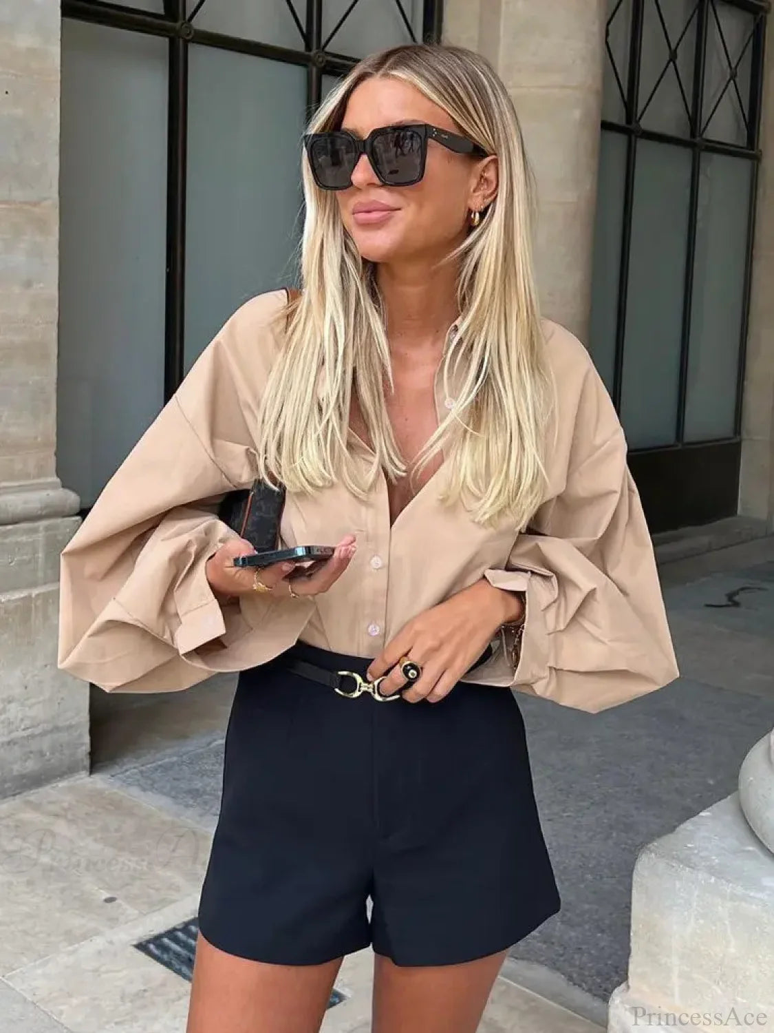 Lantern Sleeve Button Collar Blouse blouse-250223