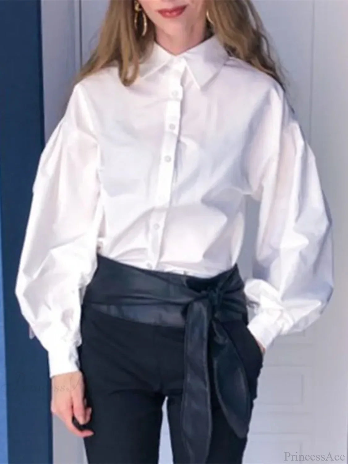 Lantern Sleeve Button Collar Blouse White / S blouse-250223