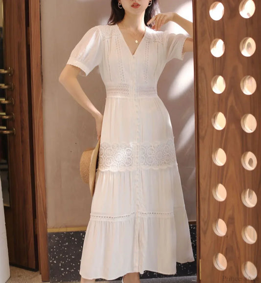 Lantern Sleeve Cotton Rayon Lace Splice Long Dress Vintage White V-neck Beige / S bohodress-250126