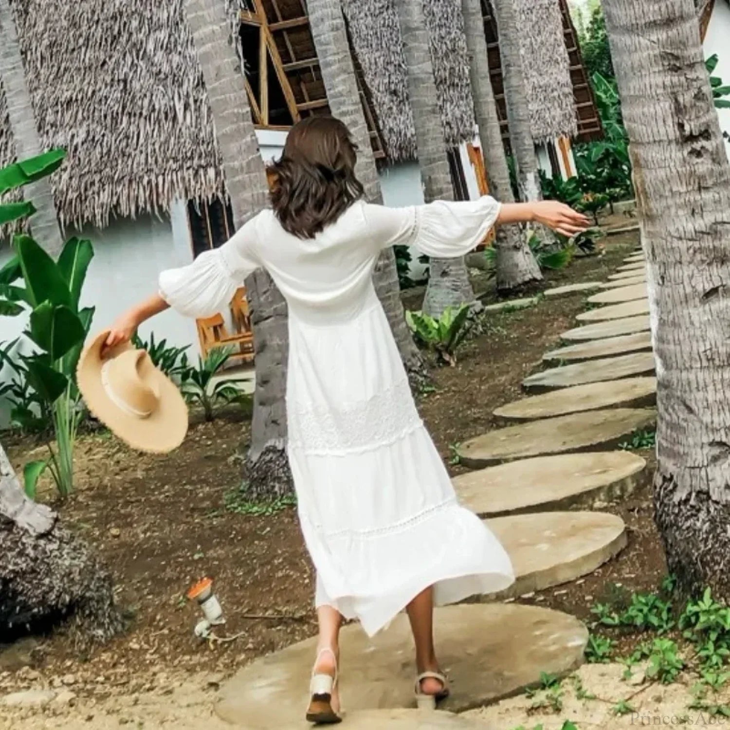 Lantern Sleeve Cotton Rayon Lace Splice Long Dress Vintage White V-neck bohodress-250126