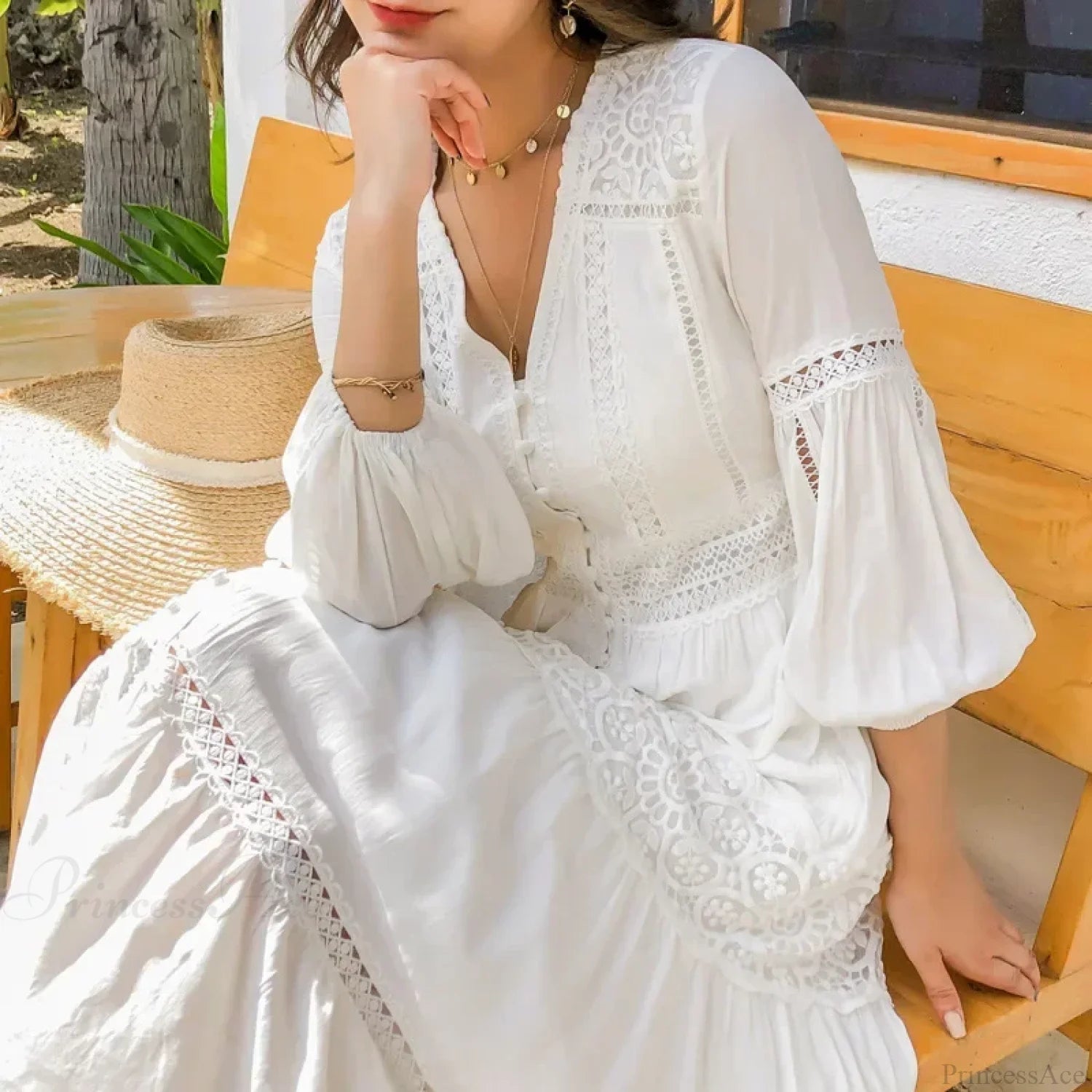 Lantern Sleeve Cotton Rayon Lace Splice Long Dress Vintage White V-neck bohodress-250126