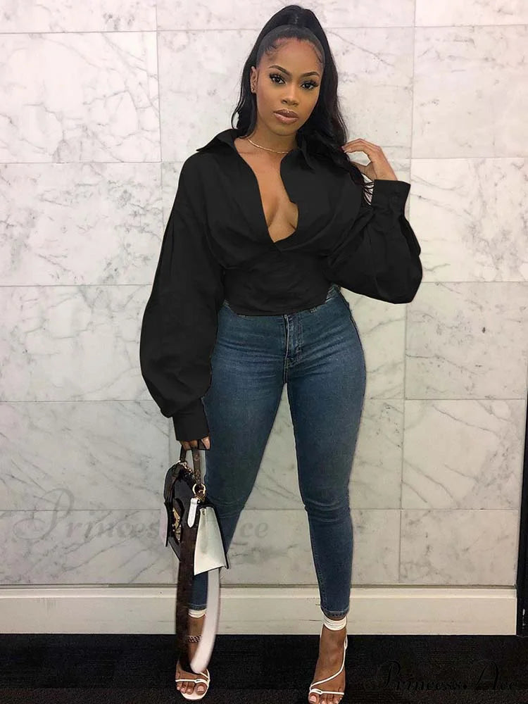 Lantern Sleeve Graceful Belted Shirt Dress Black / M Shirts & Tops