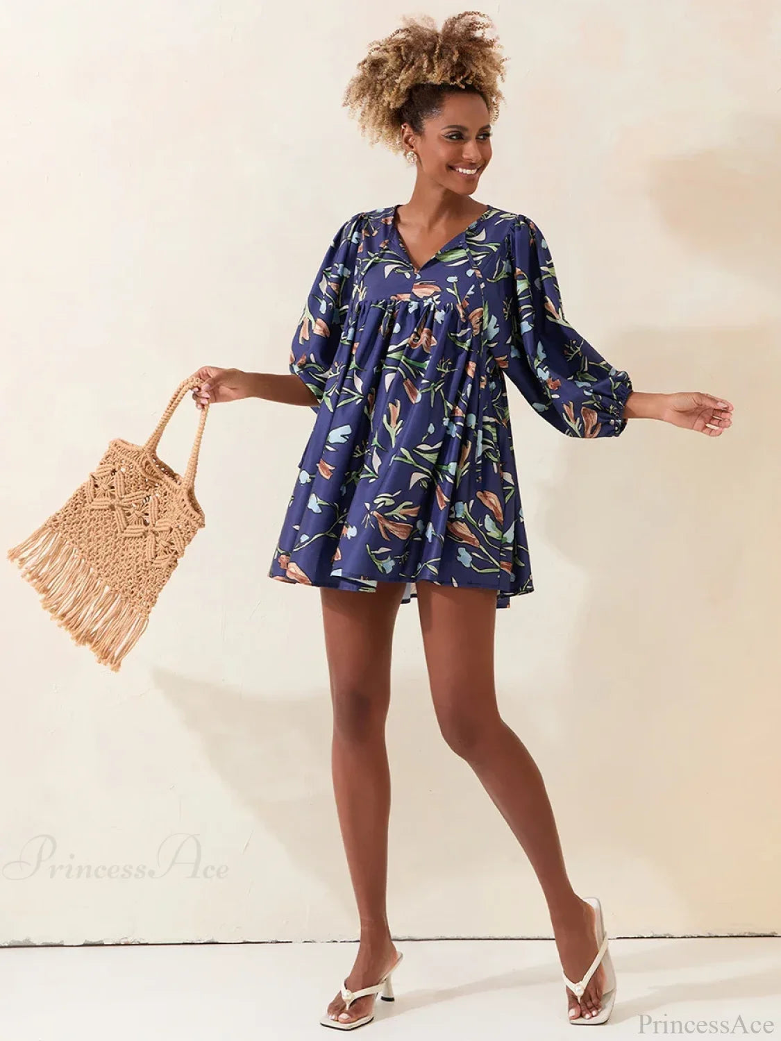 Lantern Sleeve Loose Floral Tied Bodydoll Short Floral Dress floraldress-250126