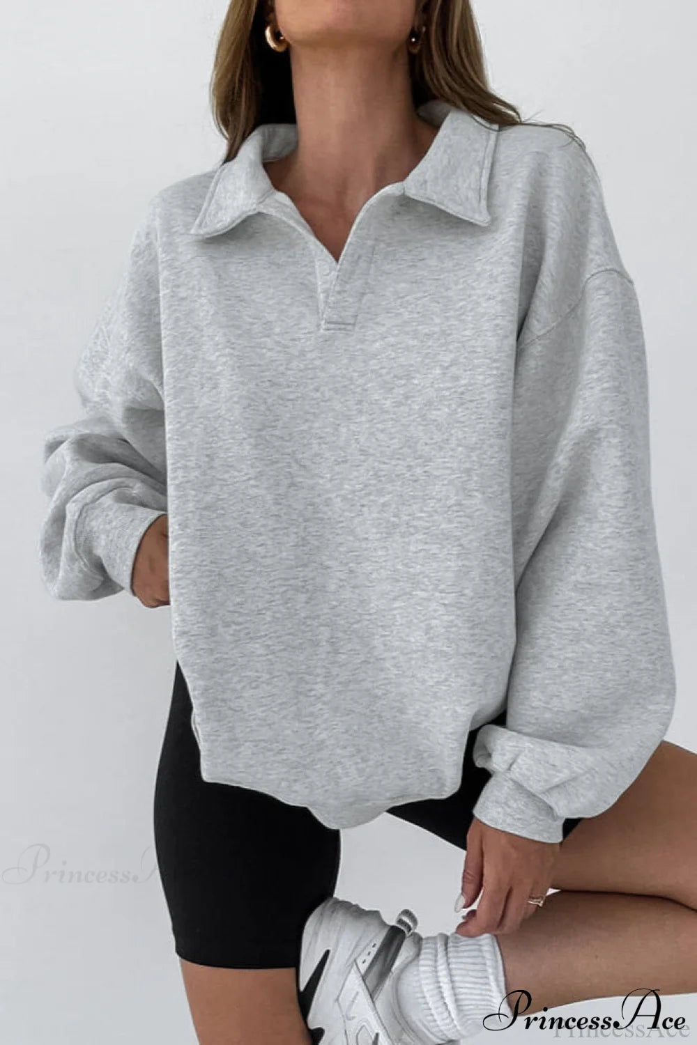 Lantern Sleeve Polo Collar Loose Sweatshirt