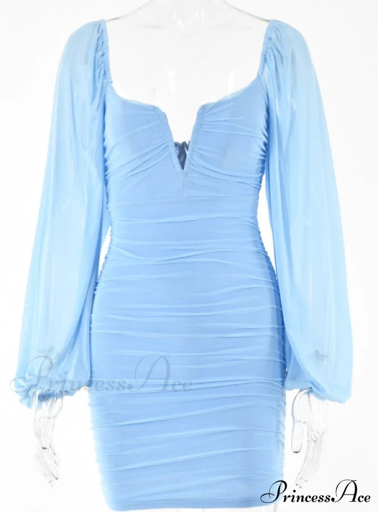 Lantern Sleeve Ruched Bodycon Dress With V-Cut M / Army Green Dresses